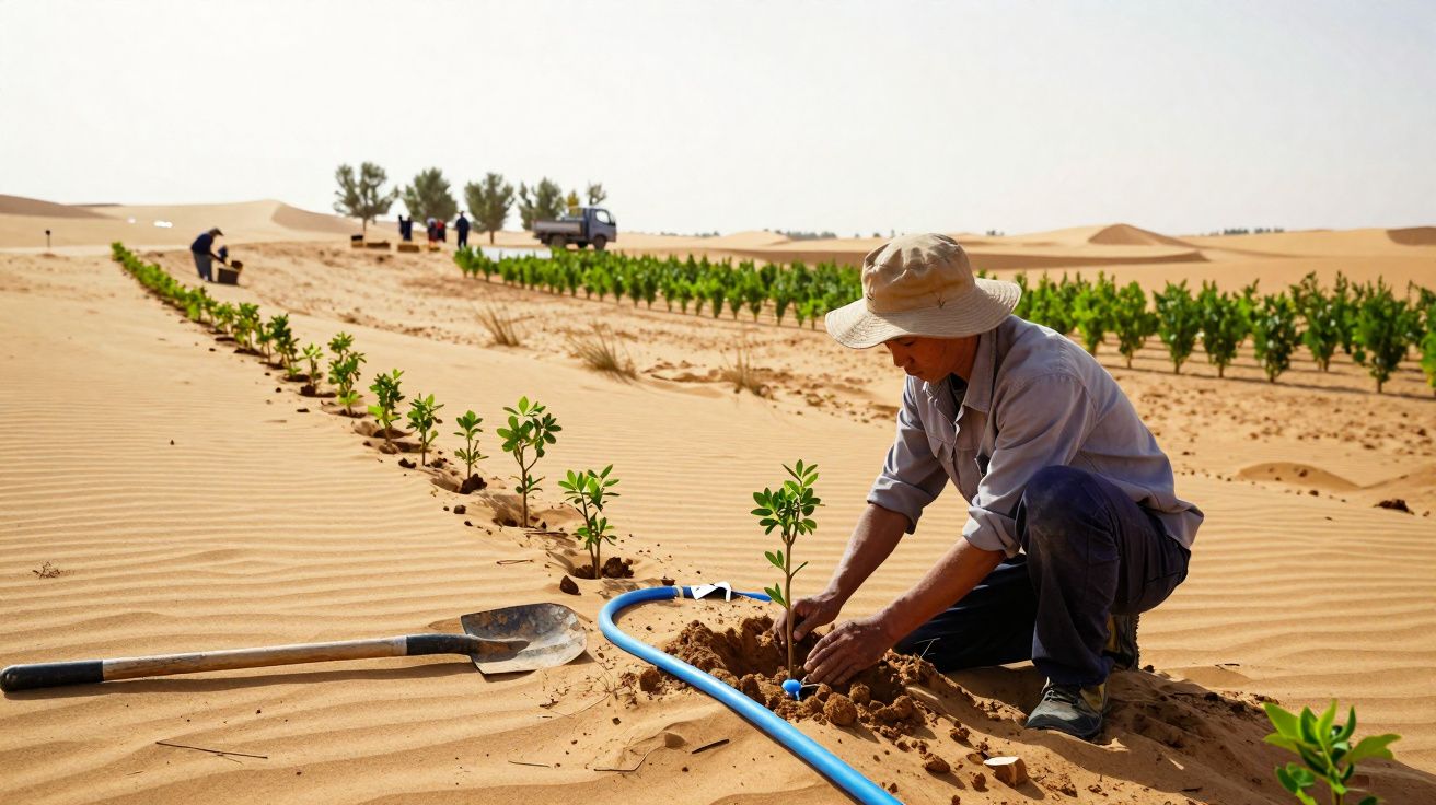 Homem planta mudas num terreno arenoso, com linhas de plantas e sistema de rega no deserto.