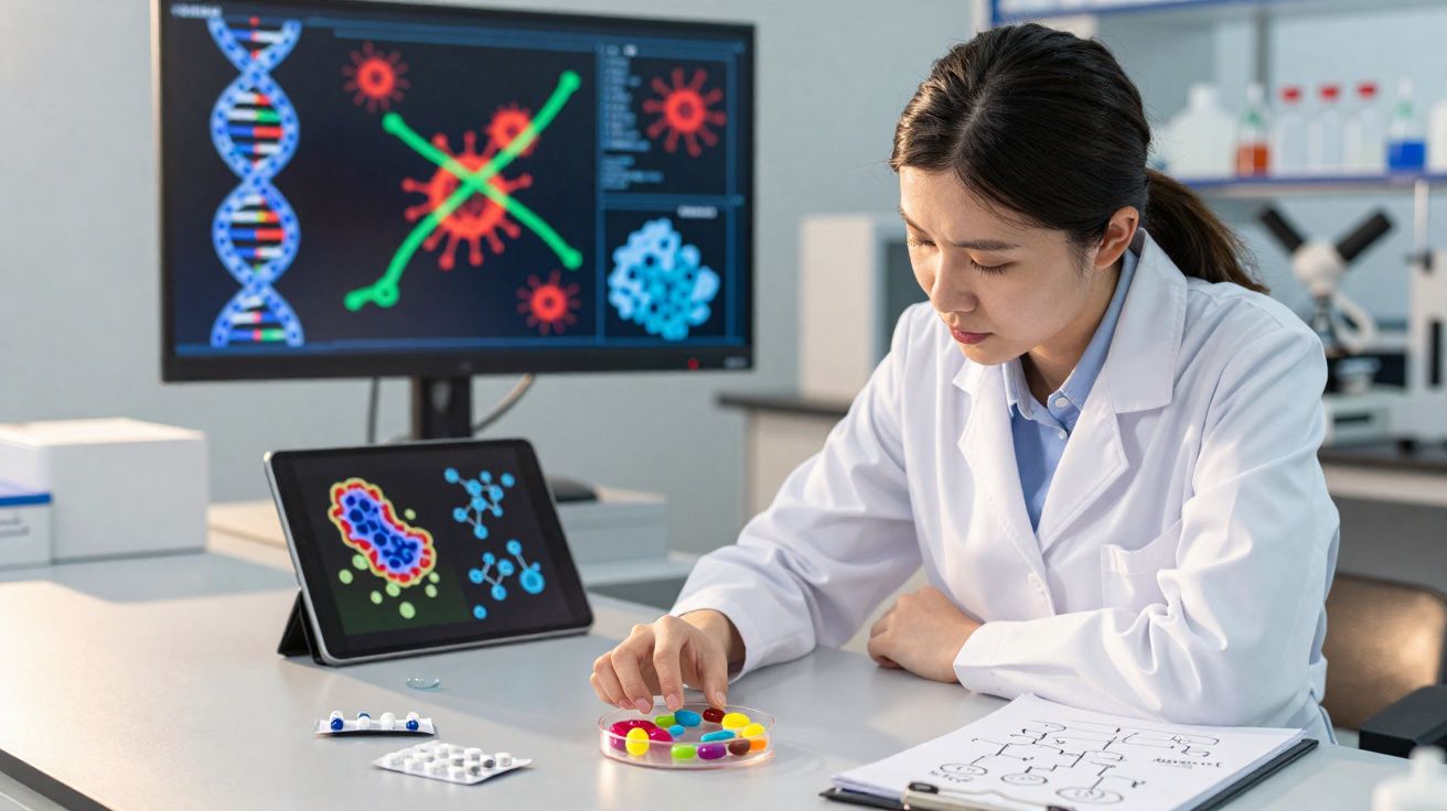 Cientista em laboratório com bata branca manipula petri com cápsulas coloridas, com gráficos científicos ao fundo.