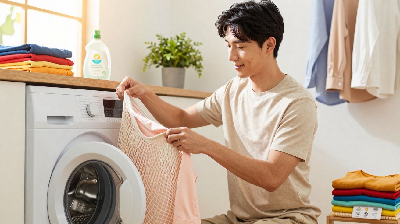 Homem a colocar roupa numa máquina de lavar branca numa lavandaria doméstica luminosa.