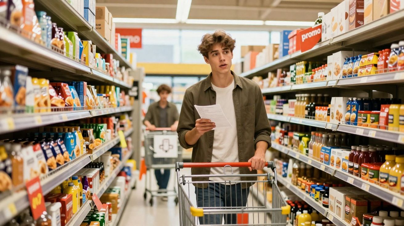 Jovem com lista de compras empurra carrinho num corredor de supermercado cheio de produtos diversos.