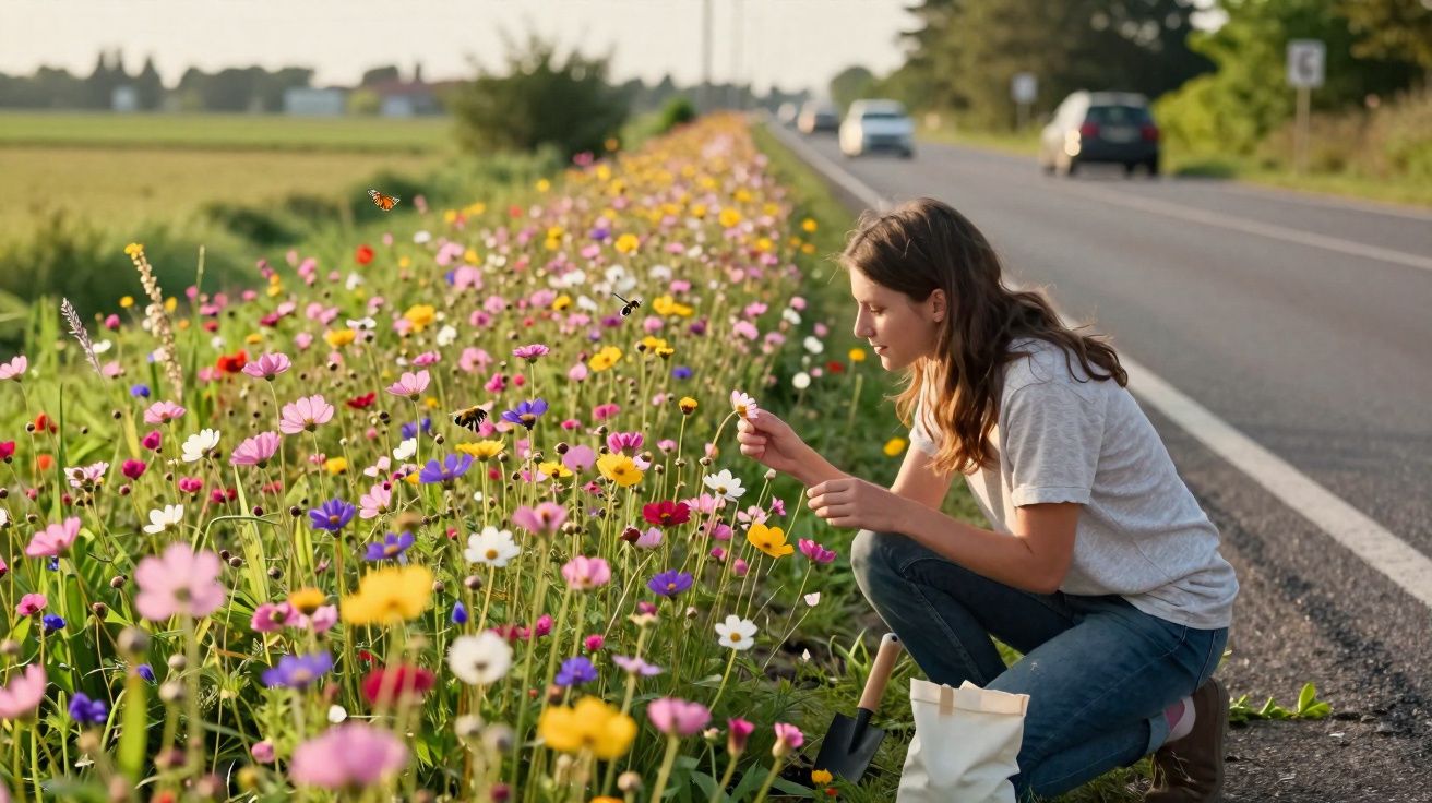 Mulher ajoelhada observa flores coloridas ao lado de estrada com campo e carros ao fundo.