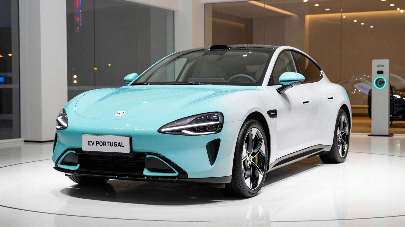 Carro elétrico desportivo azul claro e branco apresentado em exposição com carregador ao fundo.
