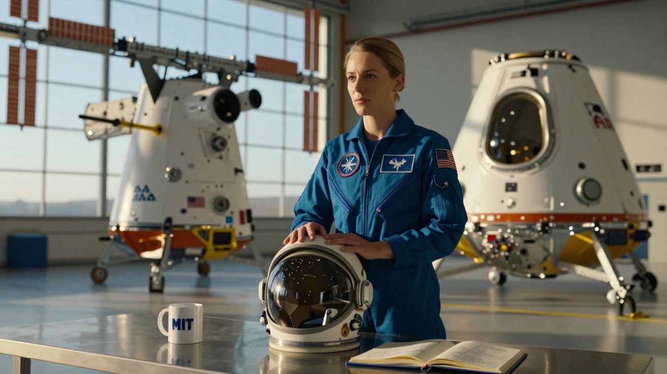 Astronauta com fato azul posa com capacete na mão em hangar com cápsulas espaciais ao fundo.