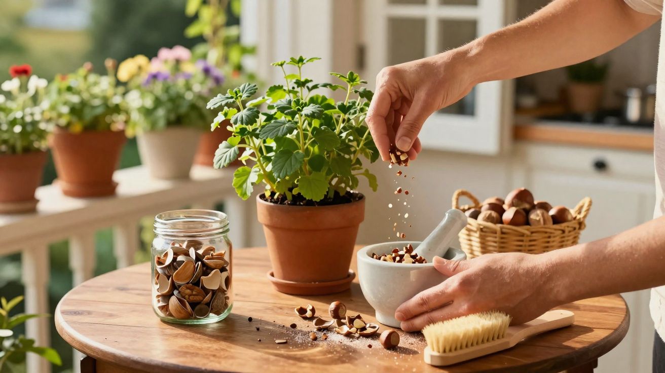 Mãos triturando avelãs num almofariz numa varanda com plantas e luz natural suave.
