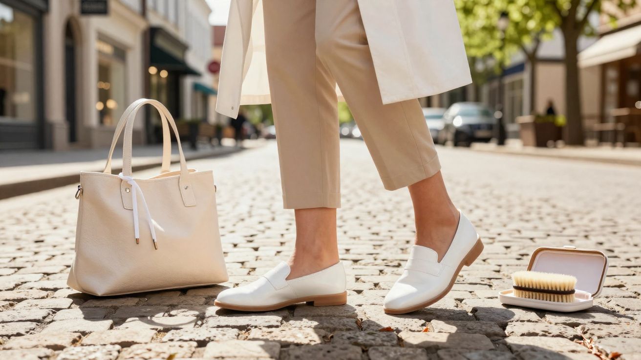 Pés femininos com sapatos brancos, bolsa bege e escova para calçado sobre calçada de pedra numa rua urbana.