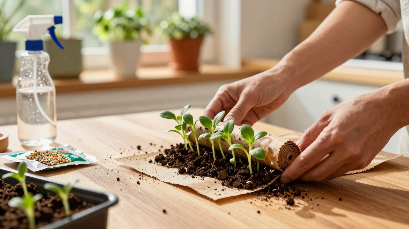 Mãos a enrolar um tapete biodegradável com mudas plantadas em terra sobre uma mesa de madeira.