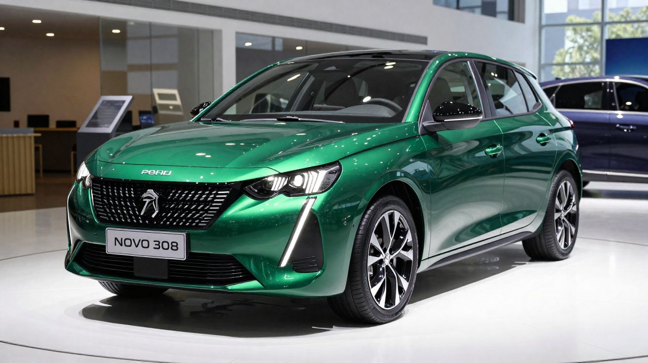 Automóvel Peugeot Novo 308 verde metálico estacionado em exposição interior moderna.