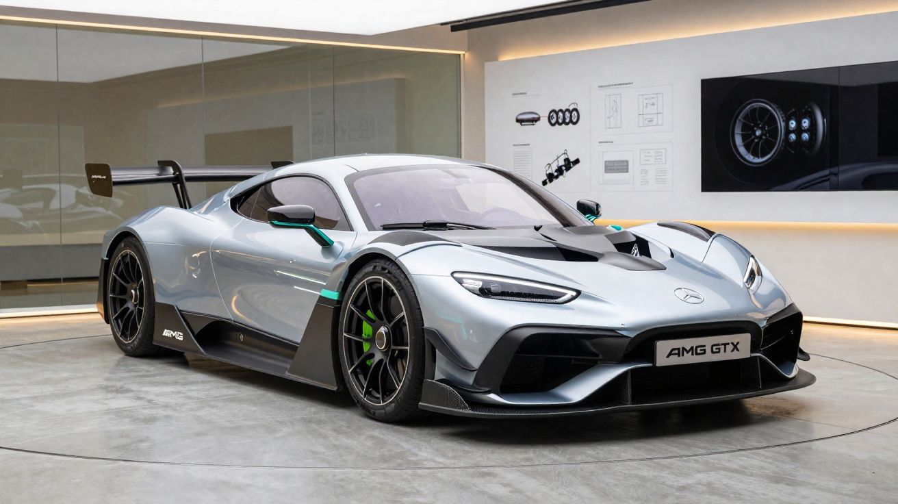 Carro desportivo Mercedes AMG GTX prateado em exposição num espaço moderno e iluminado.