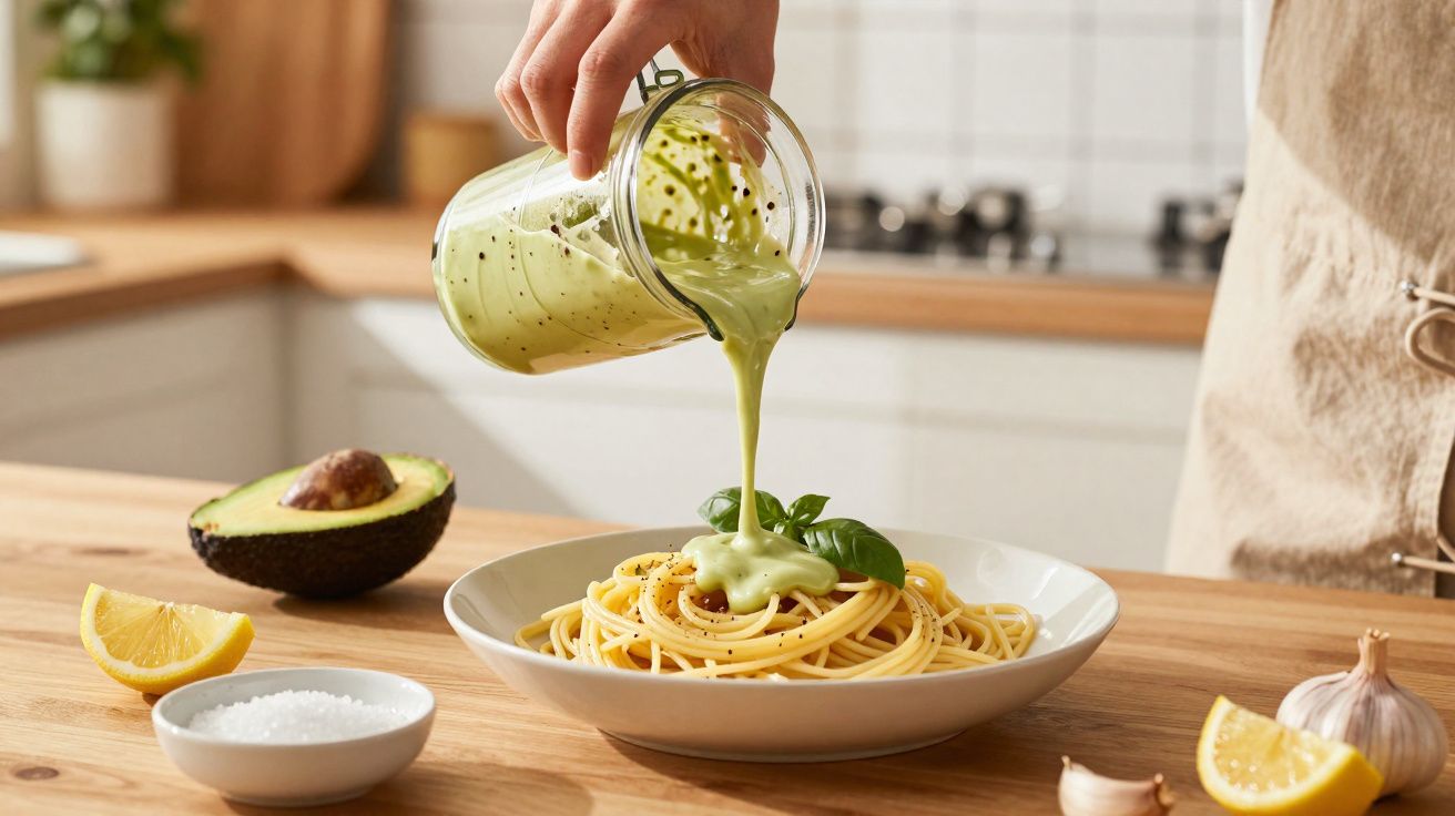 Molho cremoso de abacate a ser derramado sobre esparguete numa cozinha moderna.
