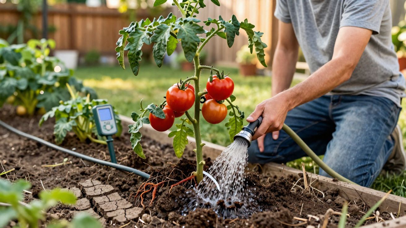 Pessoa a regar uma planta de tomateiros com tomates maduros num jardim caseiro.