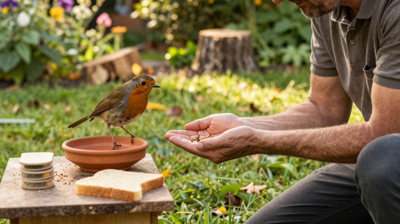 Homem alimenta um pintassilgo num jardim com pão e sementes ao amanhecer.