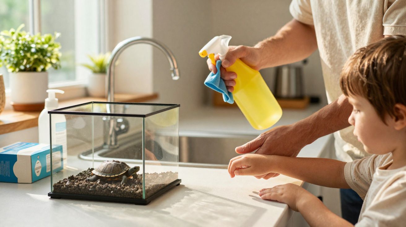 Adulto a limpar as mãos de criança com spray amarelo perto de um aquário com tartaruga na cozinha.