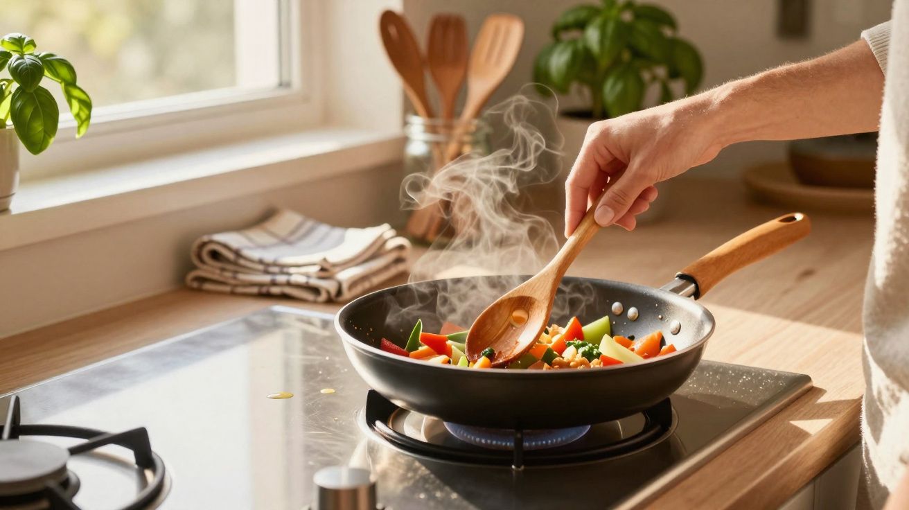 Pessoa a cozinhar legumes coloridos num fogão a gás numa cozinha luminosa.