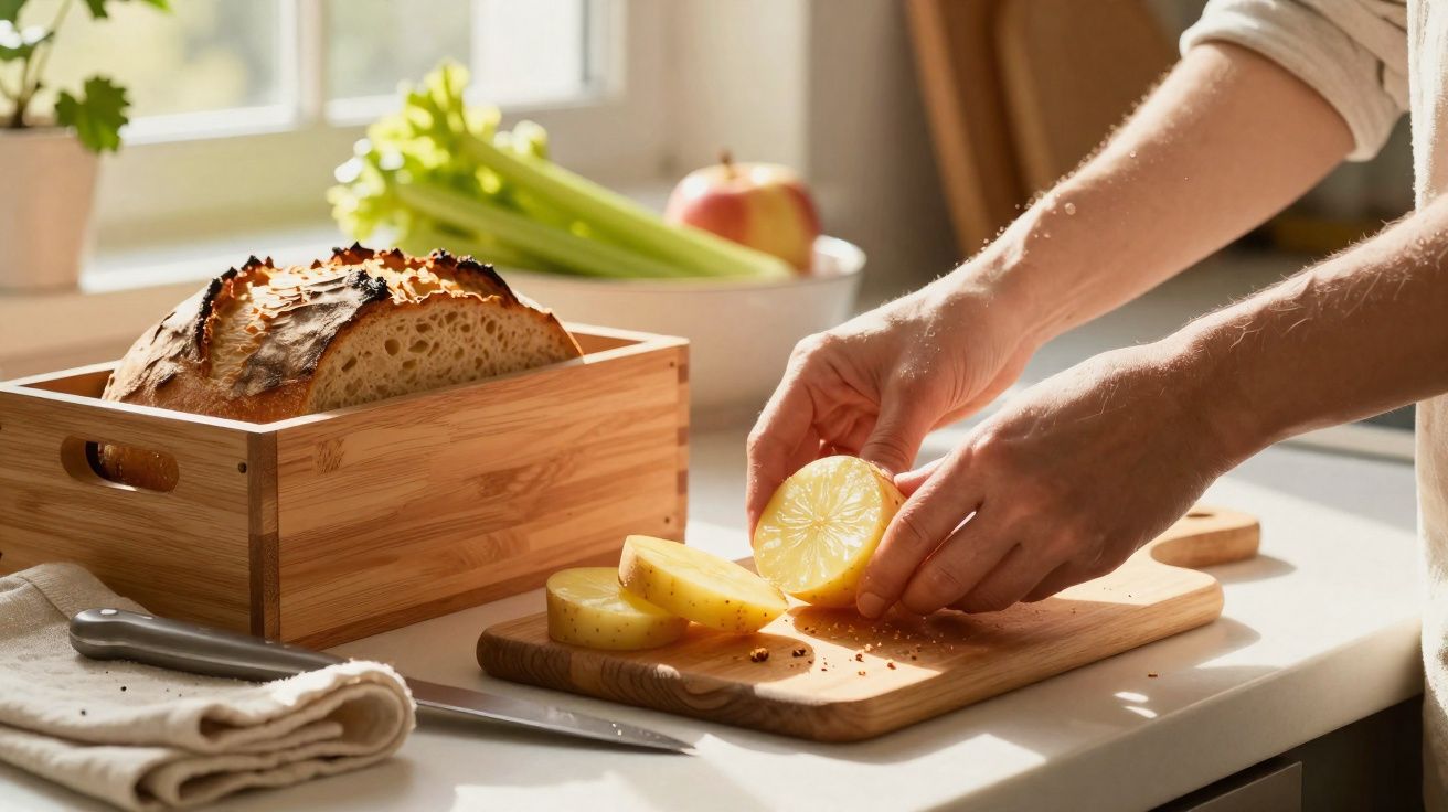 Mãos a cortar batata num tabuleiro de madeira, perto de pão num cesto e legumes na bancada da cozinha.