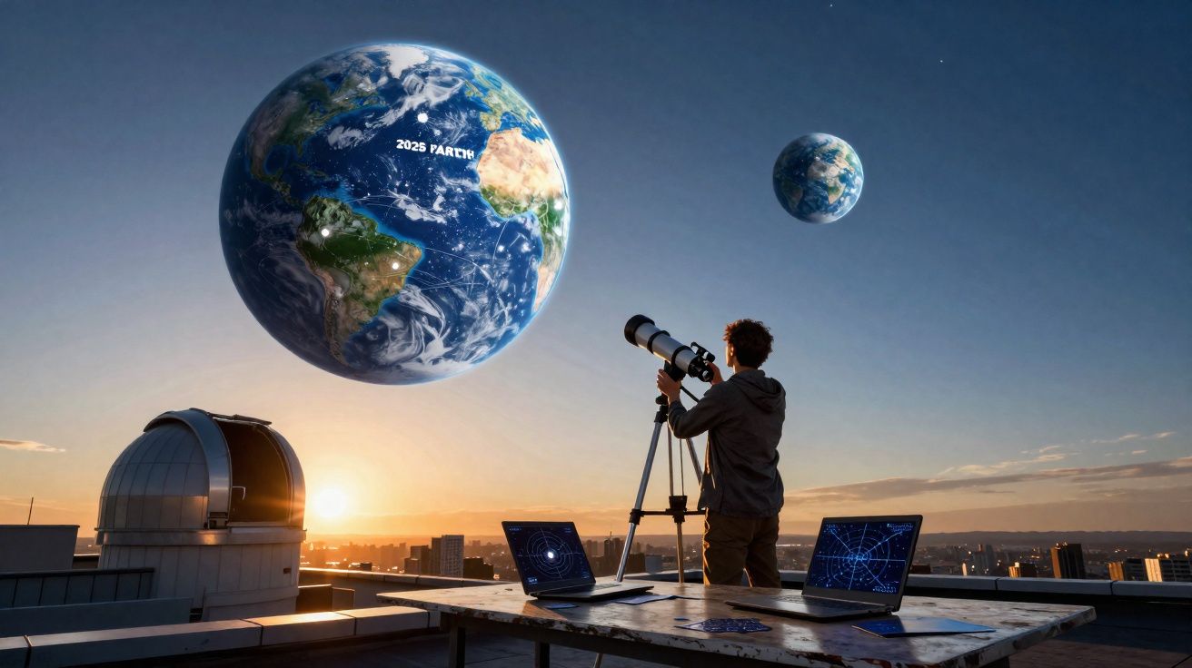 Pessoa a observar dois planetas Terra futuristas através de um telescópio numa cobertura ao pôr do sol.