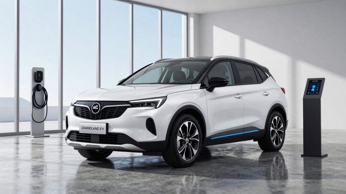 Carro elétrico branco Opel Grandland EV estacionado numa garagem com pontos de carregamento.