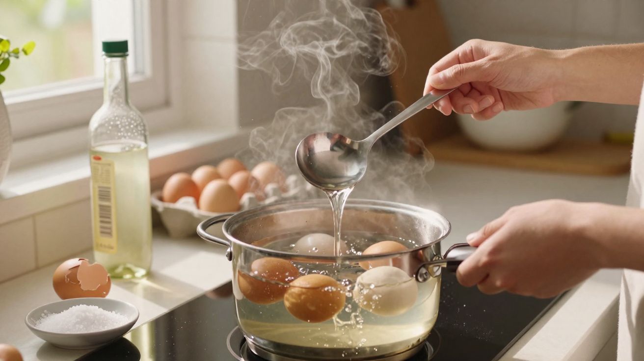 Mãos a retirar ovos cozidos com concha de panela com ovos a cozer e vapor na cozinha.