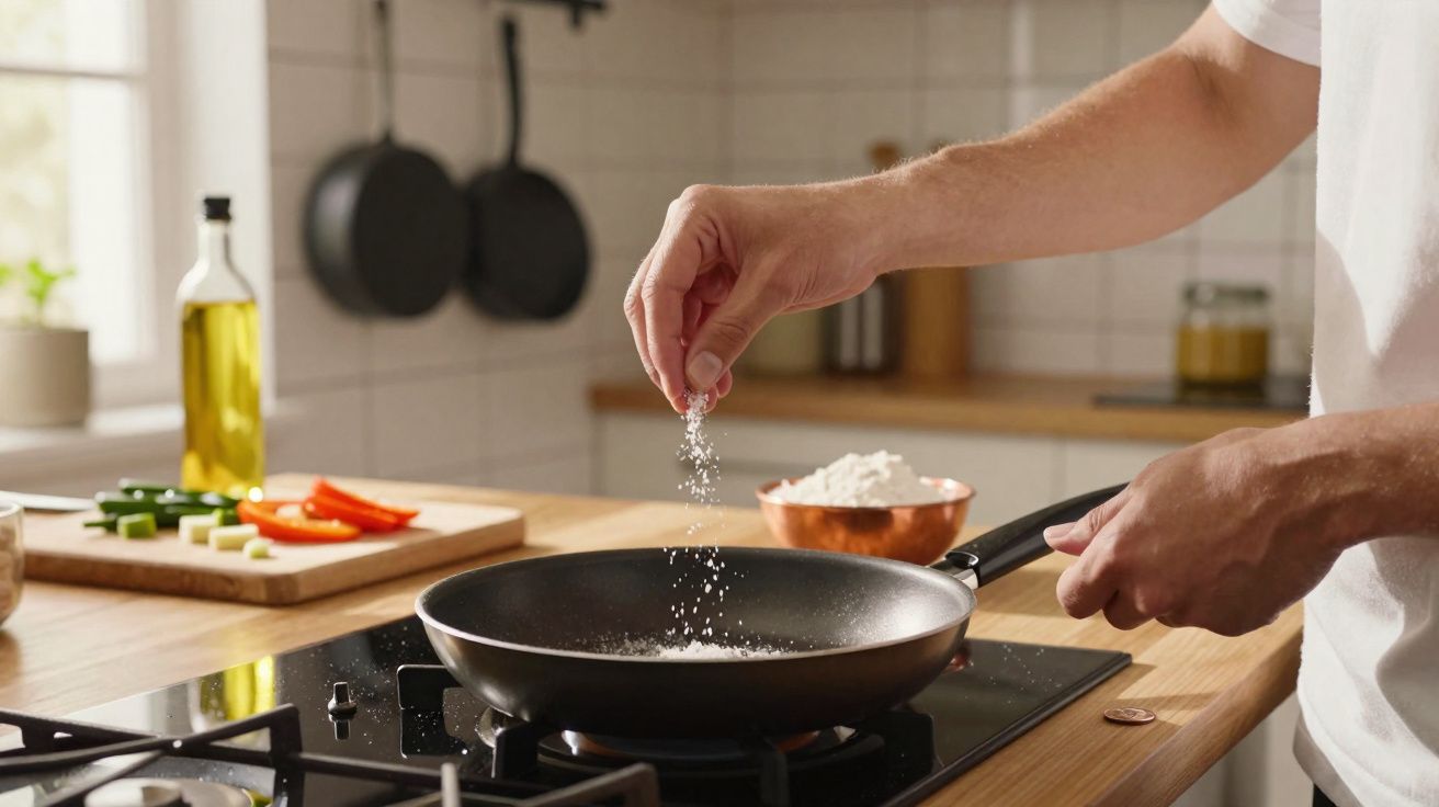 Pessoa a temperar uma frigideira com sal numa cozinha moderna e iluminada.