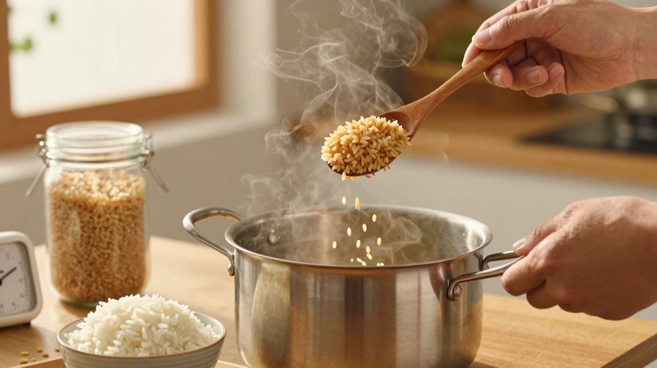 Pessoa a cozinhar arroz numa panela de inox, com vapores e arroz cru numa colher de pau.