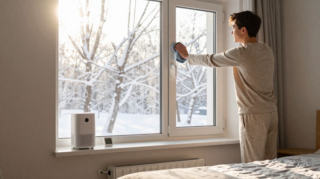 Homem a limpar janela de quarto com vista para paisagem nevada durante o dia.