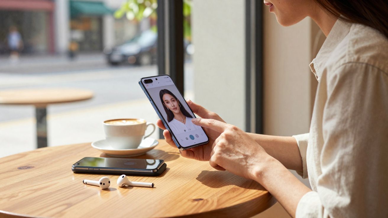 Pessoa a usar telemóvel com app de edição de fotos numa mesa com café, auriculares e outro telemóvel.
