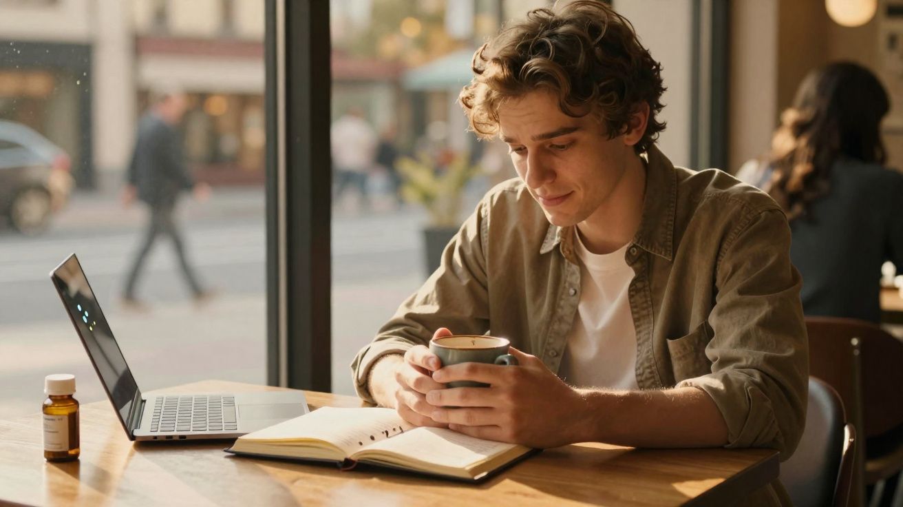 Jovem sentado numa mesa com portátil, caderno aberto e a segurar uma chávena num café junto à janela.