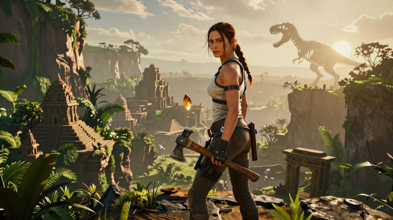 Mulher com machado numa paisagem de selva com templos antigos e dinossauro ao fundo ao pôr do sol.
