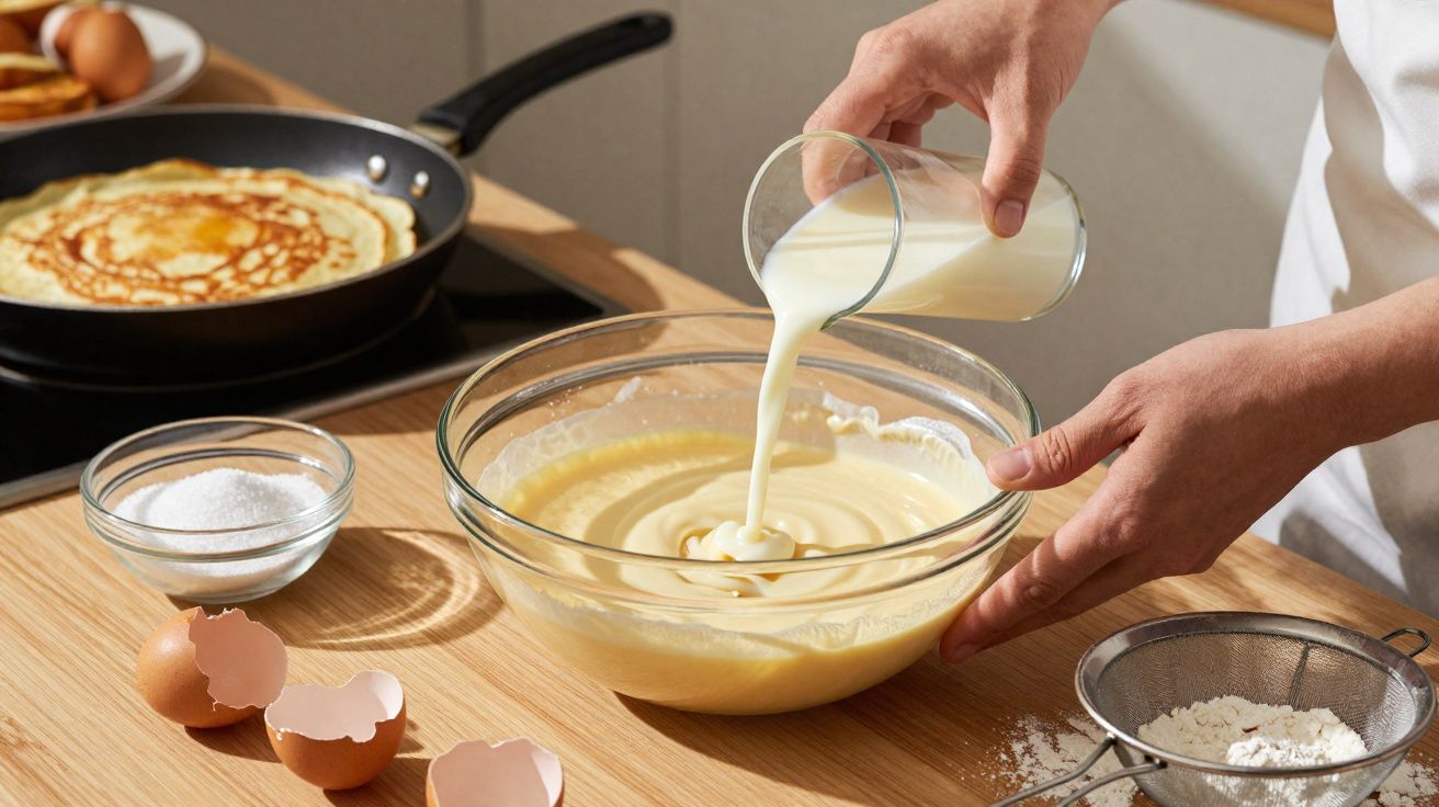 Pessoa a verter leite numa tigela com massa para panquecas, com ingredientes e panqueca numa frigideira.