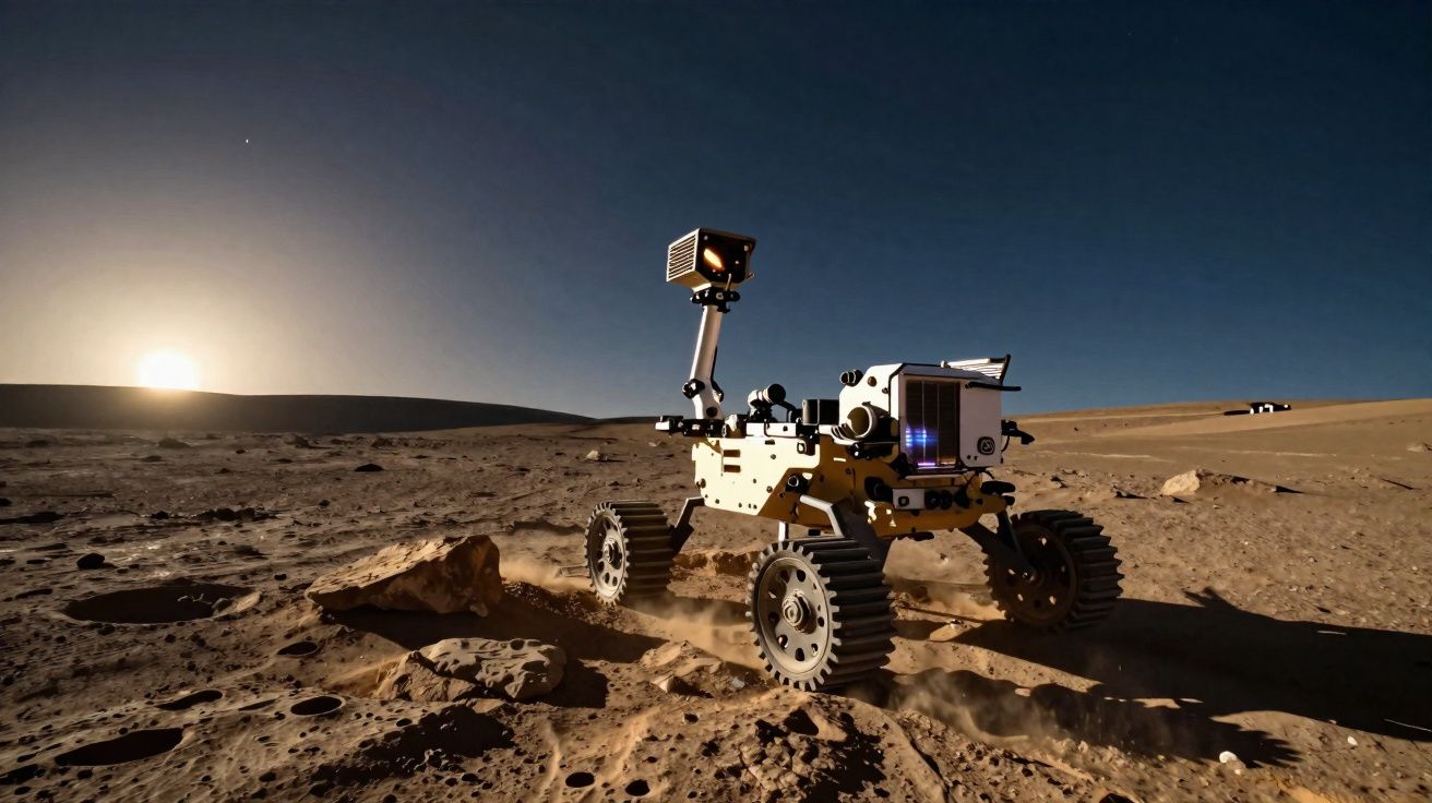 Rover móvel explorando um terreno rochoso sob um céu escuro com o sol na linha do horizonte.