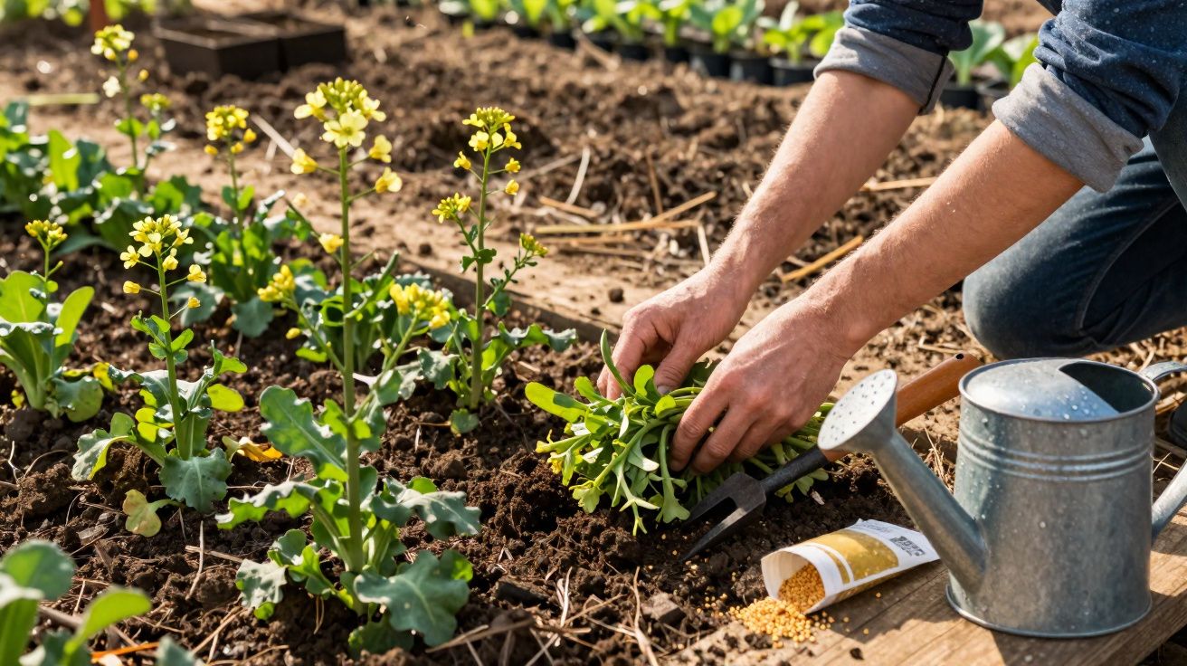 Pessoa a transplantar plantas jovens num canteiro de hortaliças com regador e sementes próximas.