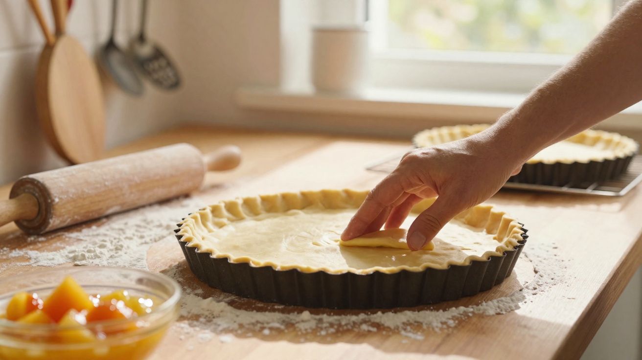 Mão a preparar uma tarte numa forma, com rolo de massa e fruta em pedaços numa bancada de madeira.