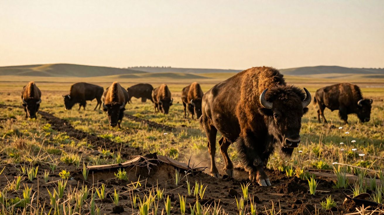 Manada de bisontes a pastar numa planície sob luz dourada do pôr do sol.