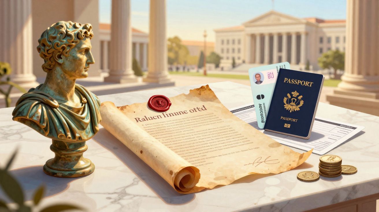 Busto clássico, documento antigo, passaporte, cartão de identificação, moedas e edifício histórico ao fundo.