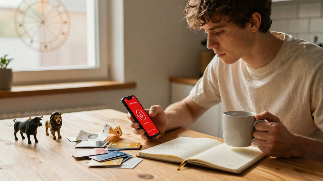 Jovem sentado à mesa com telemóvel, caneca, caderno aberto, cartões e miniaturas de touro e leão.