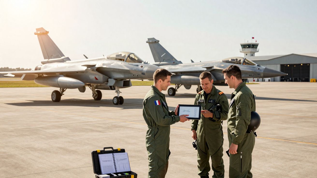 Três pilotos militares em fato de voo discutem com dois jatos militares estacionados numa pista de aeroporto.
