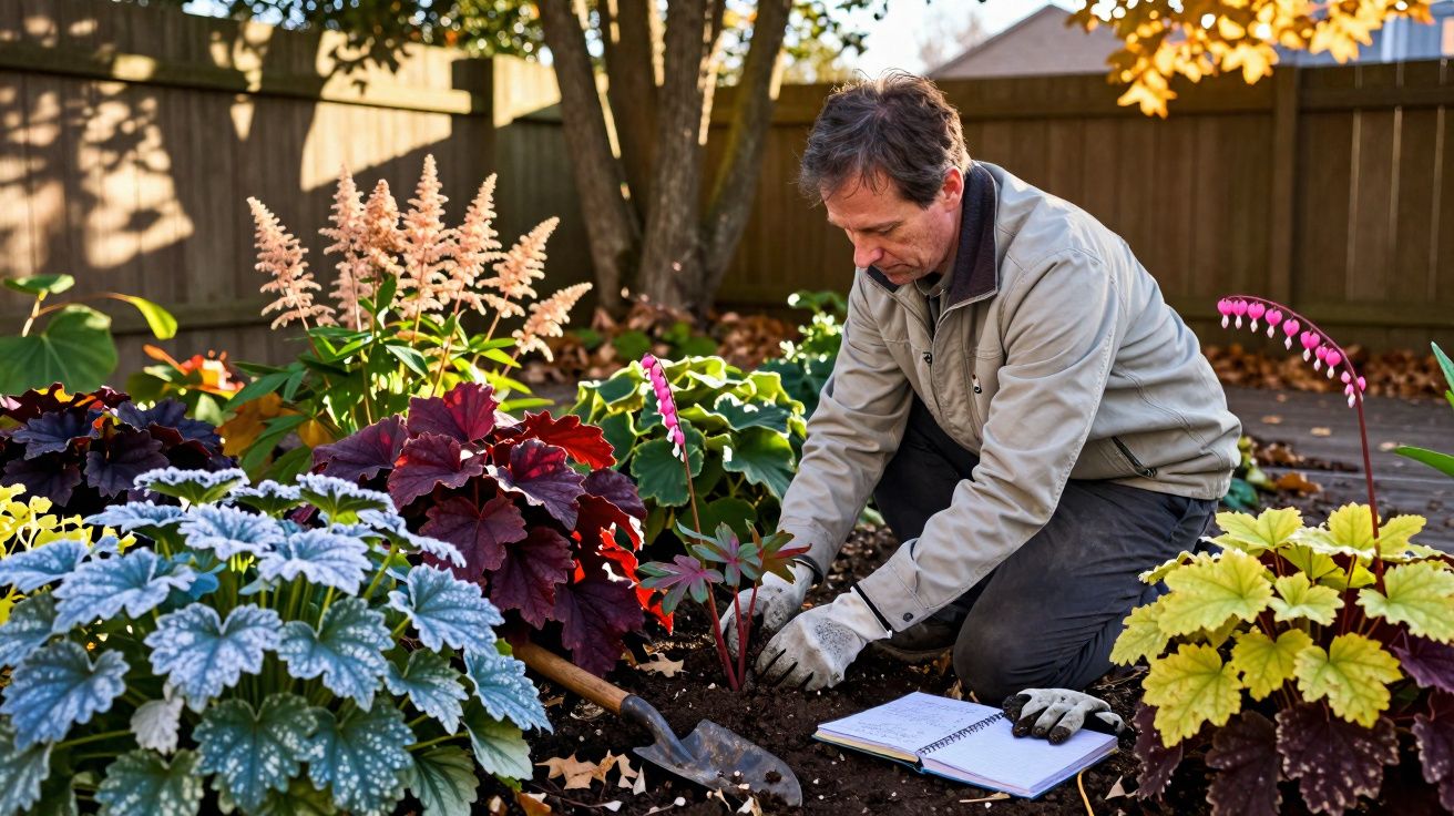 Homem a cuidar de plantas num jardim florido, com caderno e enxada no chão ao lado.