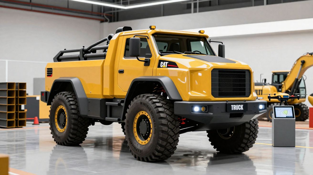 Camião amarelo robusto CAT com pneus largos estacionado em interior de armazém industrial.