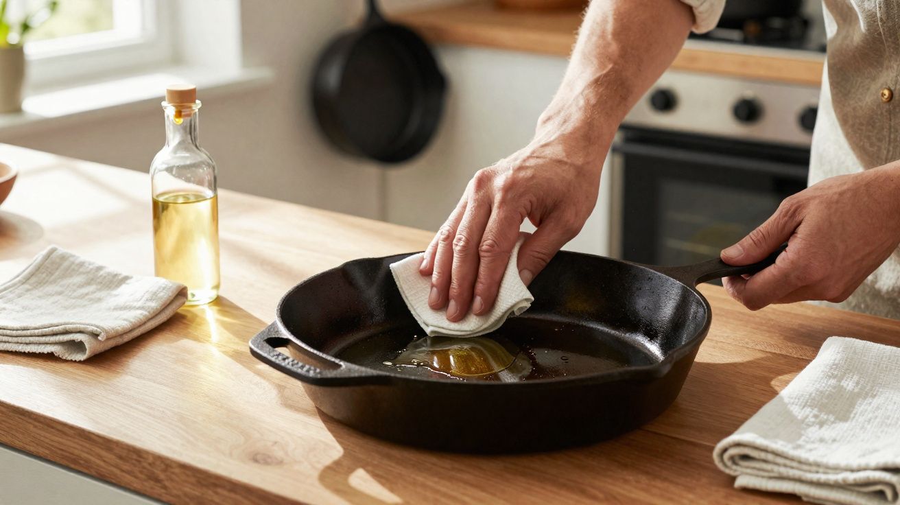 Pessoa a limpar frigideira de ferro com pano numa bancada de cozinha em madeira.