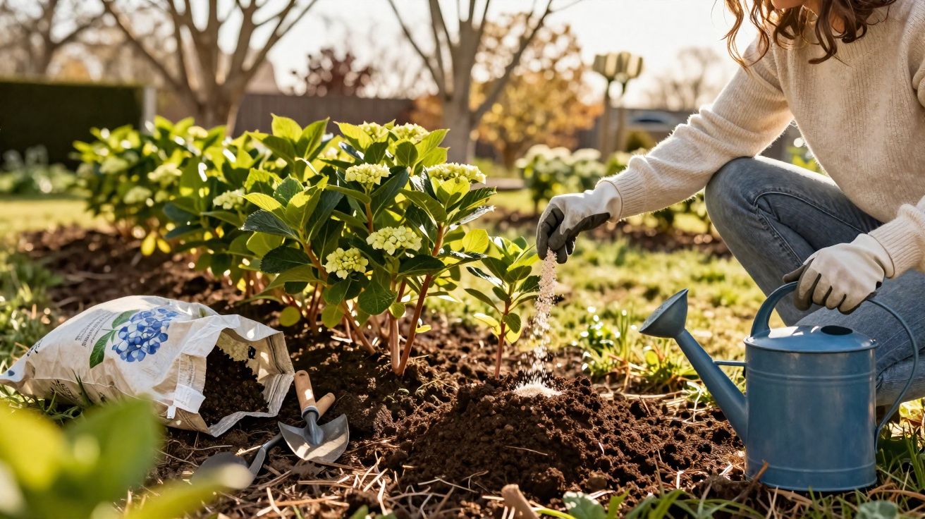 Pessoa a adubar plantas com luvas, regador azul, pá e saco de terra num jardim ao ar livre.