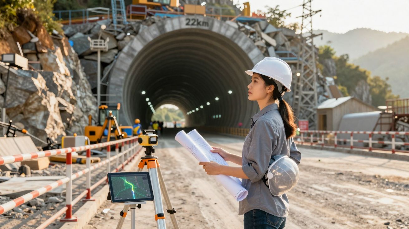 Engenheira com capacete branco analisa plantas num canteiro perto da entrada de um túnel em construção.