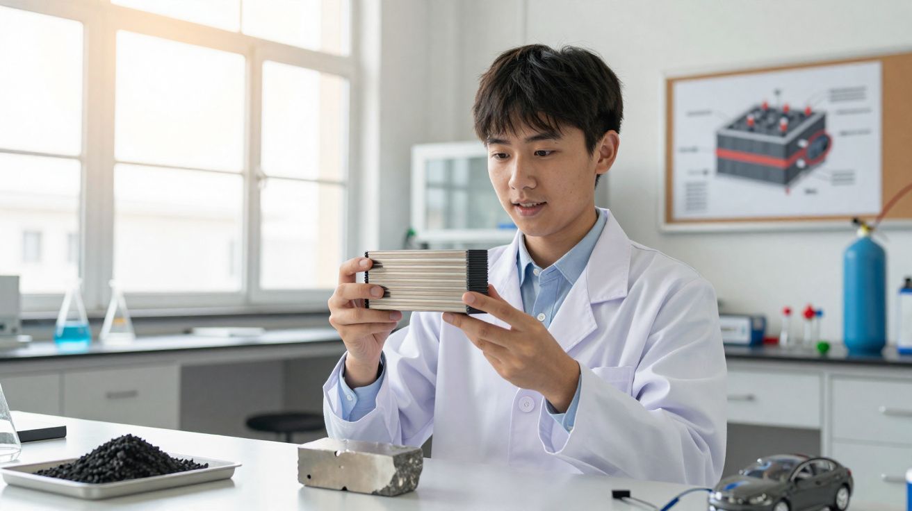 Jovem cientista em bata branca examina célula de bateria em laboratório moderno com equipamentos científicos.