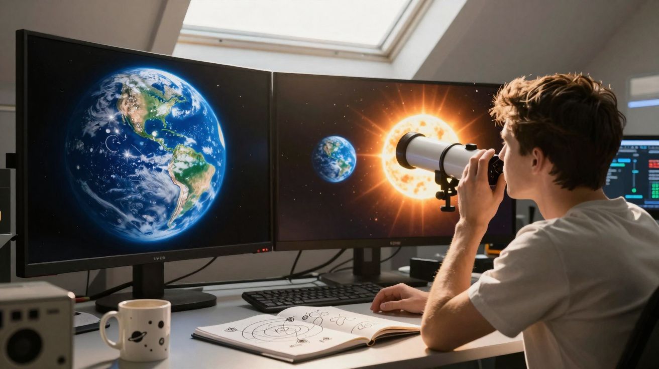 Homem observa planetas no espaço em dois ecrãs com telescópio enquanto estuda mapas astronómicos na mesa.