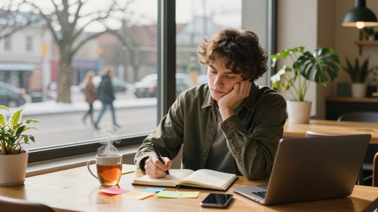 Jovem sentado à mesa perto da janela, a escrever num caderno com chá quente, computador e telemóvel à sua frente.