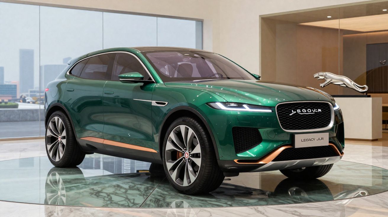 Carro SUV verde brilhante Legoven Legacy JLR exposto em salão moderno com chão de mármore.