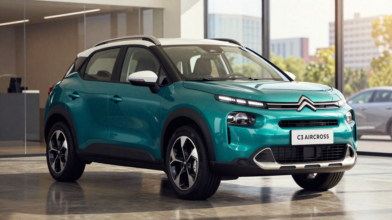 Citroën C3 Aircross azul exibição em showroom moderno com grandes janelas e luz natural.