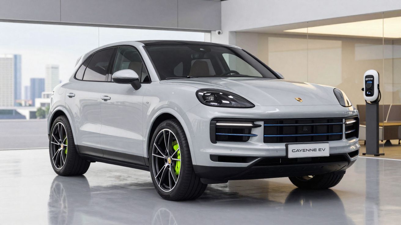 Carro elétrico Porsche Cayenne EV cinza num espaço interior próximo a estação de carregamento.