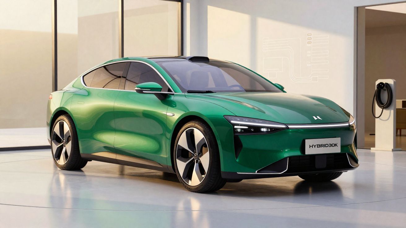 Carro elétrico desportivo verde estacionado numa sala moderna com posto de carregamento ao fundo.
