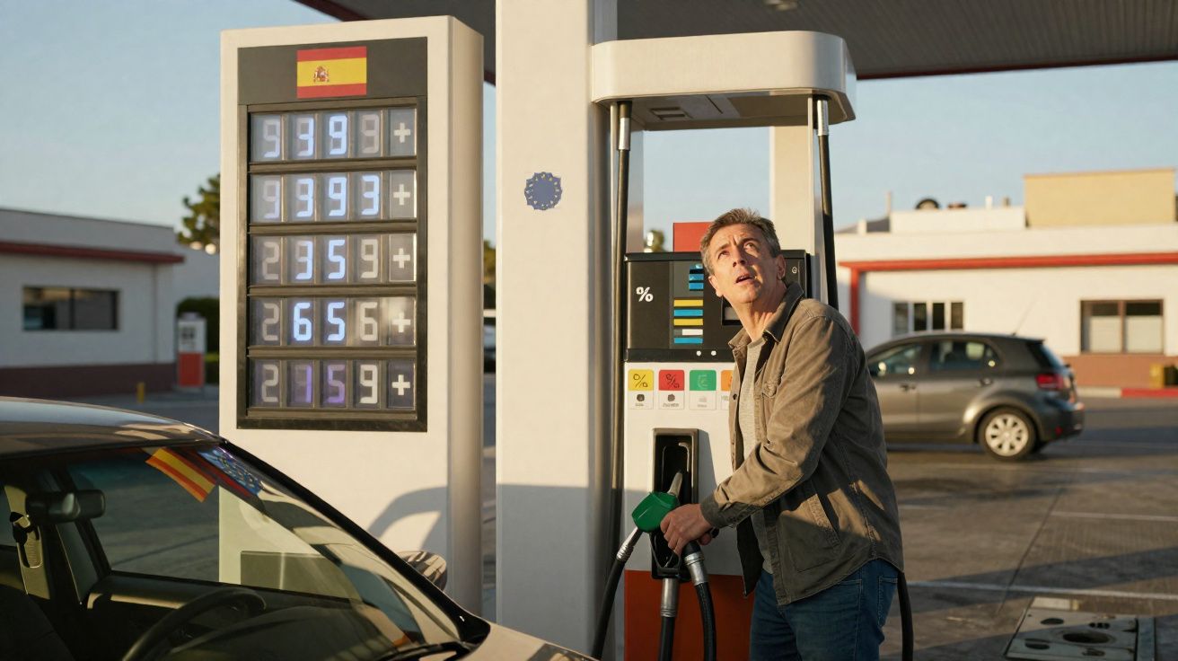 Homem a abastecer carro numa bomba de gasolina com preços elevados num posto de combustível em Espanha.
