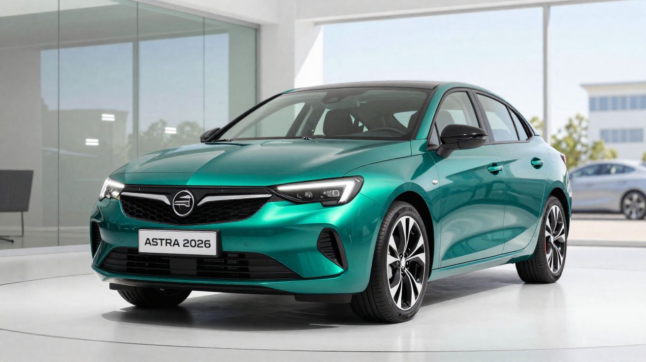 Carro sedan Opel Astra 2026 verde metálico em exposição dentro de showroom moderno.