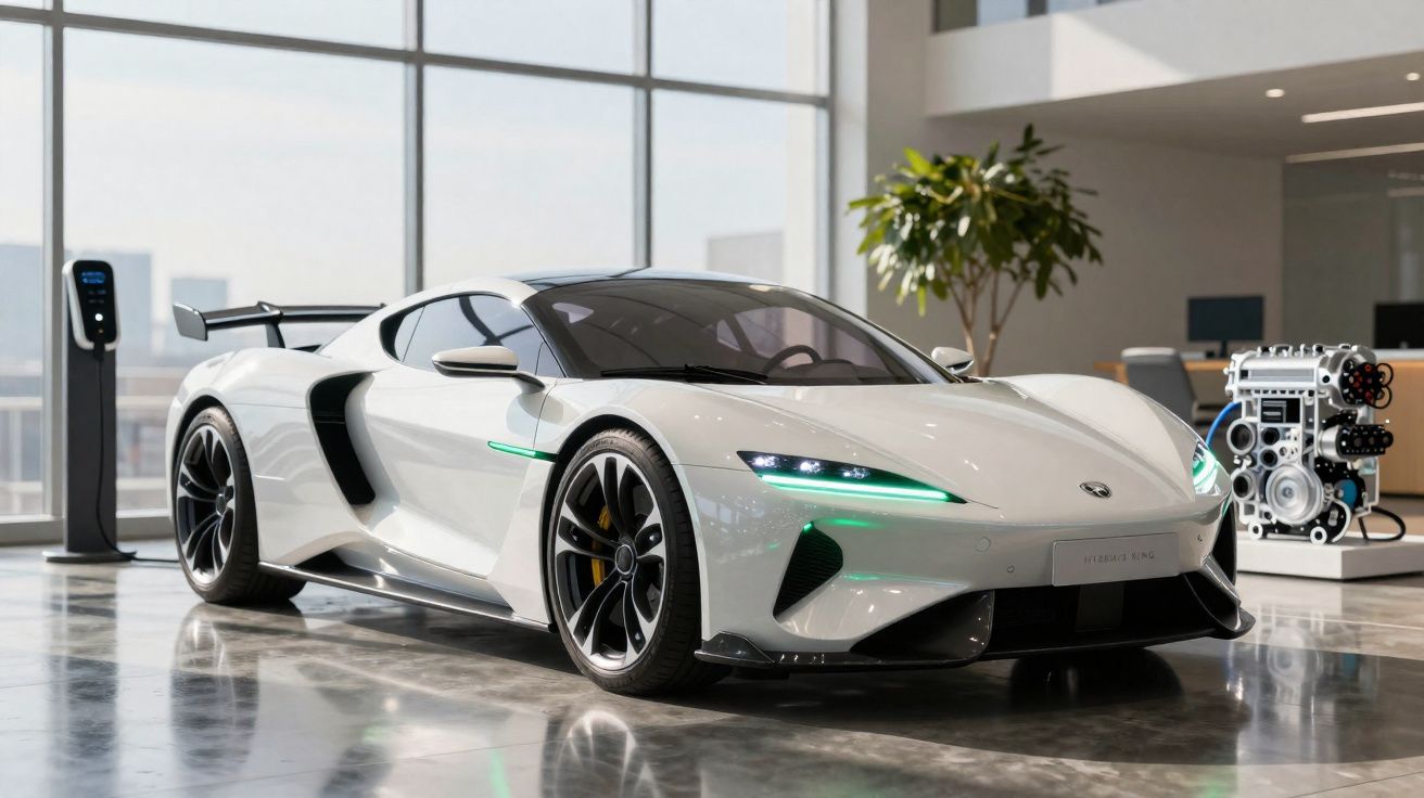 Carro desportivo eléctrico branco estacionado em interior moderno com carregador e modelo de motor ao fundo.